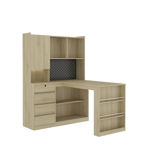 English Elm L Shaped Corner Desk with Led Lighting Charging Station Bookshelf Storage Home Office W1321S00029