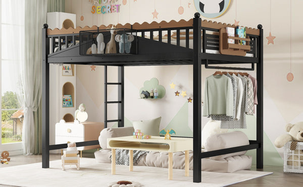 English Elm Full Size Metal Loft Bed with Built-in Shelving for Teen or Studio Bedroom W1580S00381