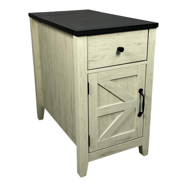 English Elm Farmhouse Nightstand with Charging Station and Barn Door Drawer — USB-C, AC Outlets, Compact Storage White+Black W1412P230408