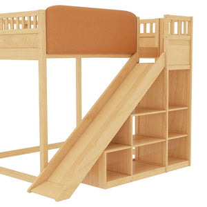 English Elm Full Size Kids Loft Bed Pine Frame Upholstered Headboard Built in Slide and Storage Shelves Natural W1580S00639