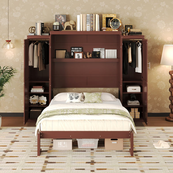 English Elm Full Full Size Murphy Bed with Two Wardrobes and Foldable Platform, Space-Saving Modern Guest Solution Walnut 84.9 L x 12 W x 7 H N733S235596D