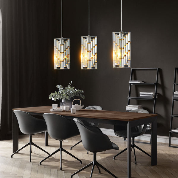 English Elm 4" Modern Crystal Pendant Light 3-Pack – Adjustable Hardwired Hanging Fixture with Prism Shades for Dining, Kitchen, Living Room Chrome W2312P389946