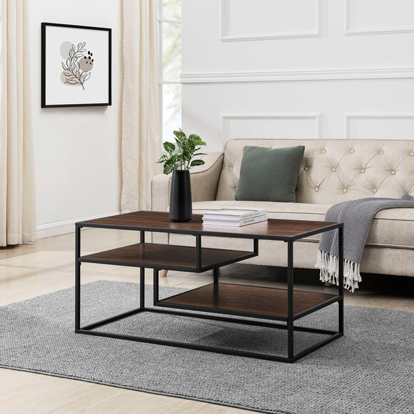 English Elm Walker Edison - Contemporary Two-Tone Metal Coffee Table with Floating Shelves, Powder-Coated Steel, Durable MDF Laminate Finish Dark Brown 43 L x 26 W x 5 H B185P169015
