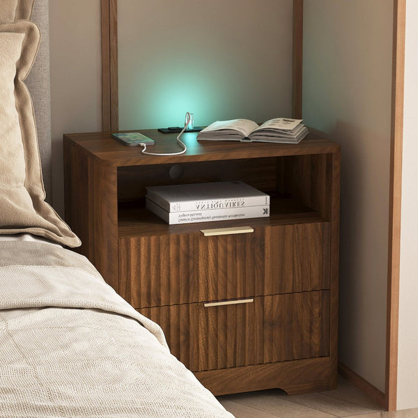English Elm Nightstand Wood Cabinet with Usb Charging Ports Voice Light and Bedroom Storage W1321P399416