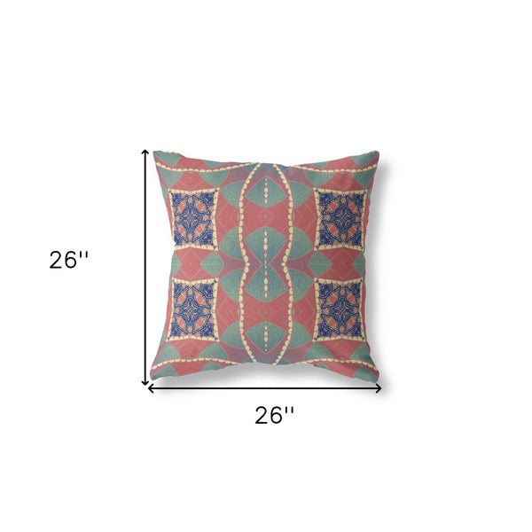 Homeroots 26" X 26" Red And Indigo Zippered Geometric Indoor Outdoor Throw Pillow   417534
