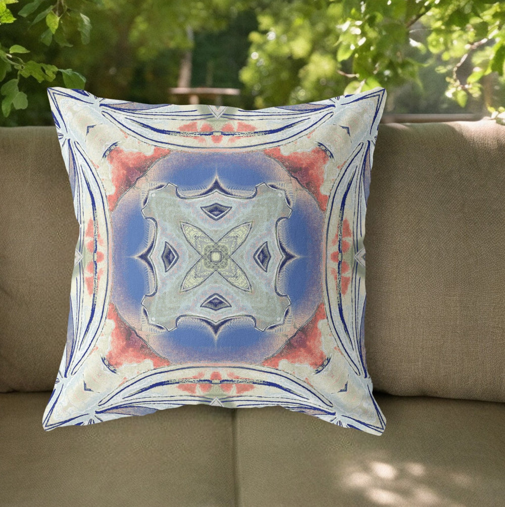 Homeroots 26"X26" Cream Peach Evening Blue Zip Broadcloth Geo Throw Pillow   417566