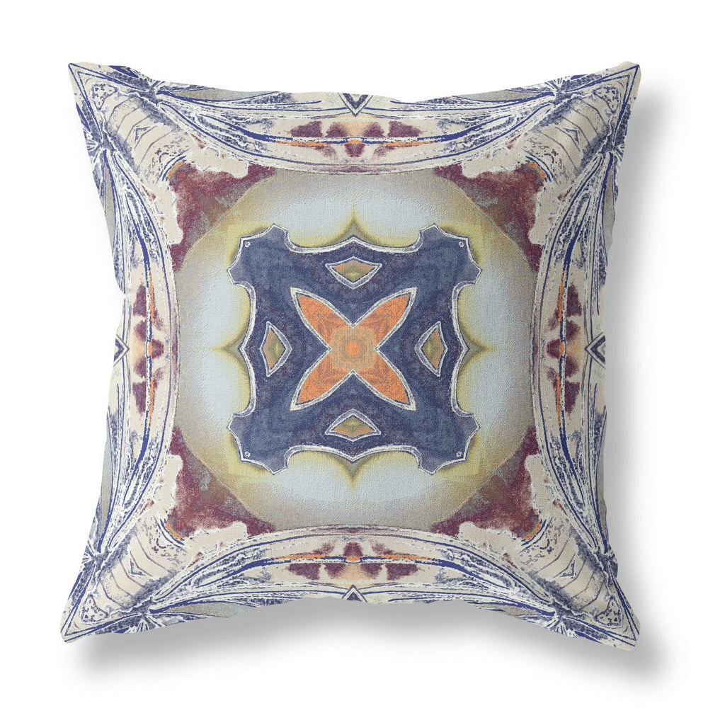 Homeroots 26"X26" Grey Brown Indigo Zippered Broadcloth Geometric Throw Pillow   417578