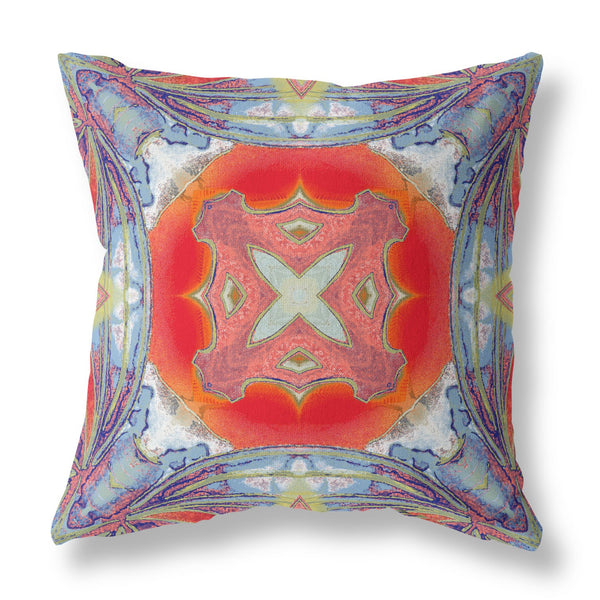 Homeroots 26"X26" Muted Blue Hot Orange Zippered Broadcloth Geometric Throw Pillow   417607