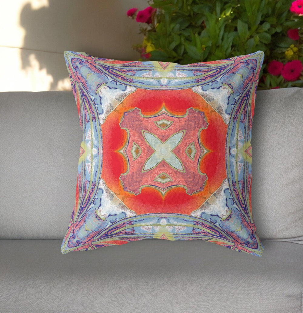 Homeroots 26"X26" Muted Blue Hot Orange Zippered Broadcloth Geometric Throw Pillow   417607