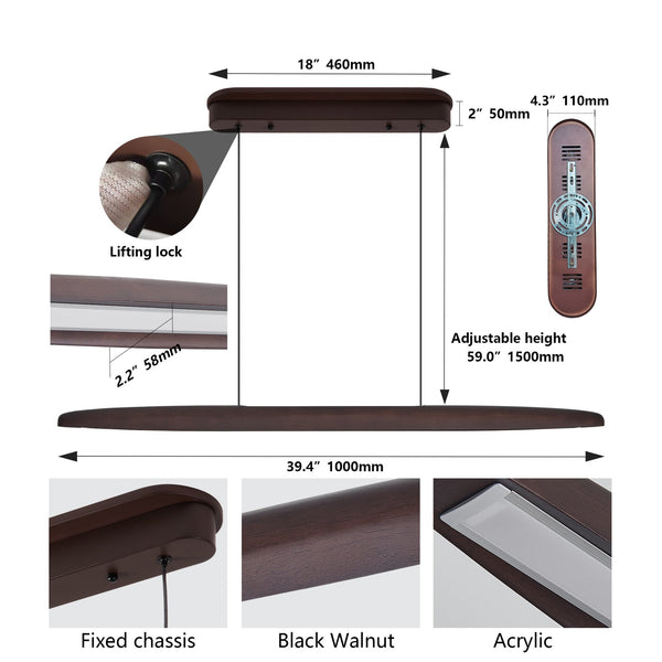 English Elm 39-Inch Streamline Wooden Led Pendant Light – Remote-Controlled, Adjustable Dimming For Modern Spaces W2312P375015