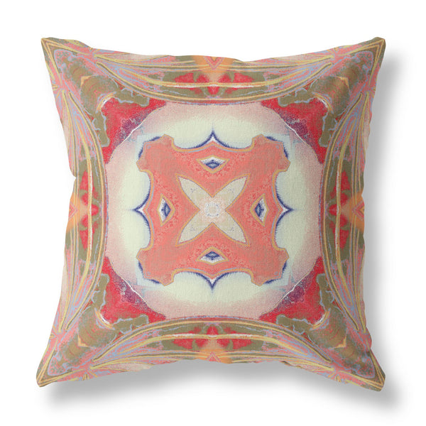 Homeroots 26"X26" Muted Green Pink Peach Red Zippered Broadcloth Geometric Throw Pillow   417623