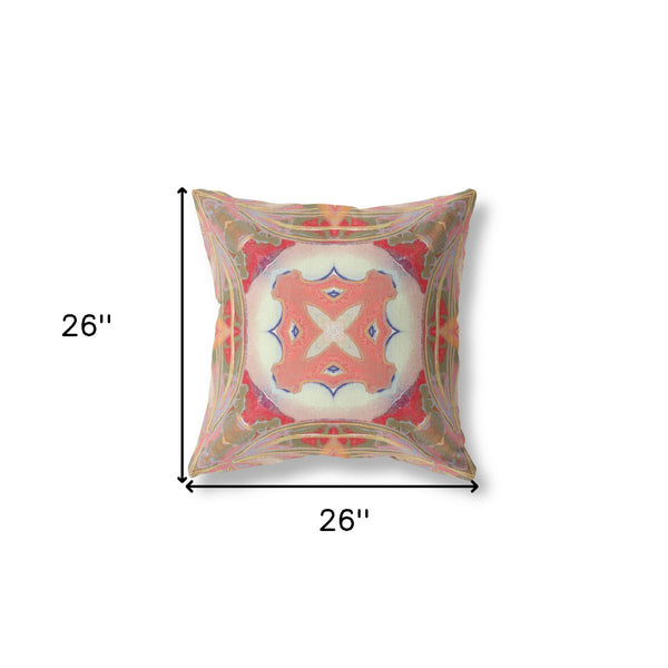 Homeroots 26"X26" Muted Green Pink Peach Red Zippered Broadcloth Geometric Throw Pillow   417623