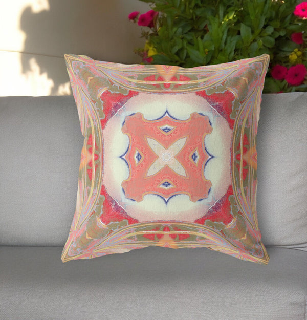 Homeroots 26"X26" Muted Green Pink Peach Red Zippered Broadcloth Geometric Throw Pillow   417623