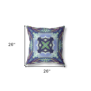 Homeroots 26"X26" Peacock Blue Light Blue Zippered Broadcloth Geometric Throw Pillow   417631