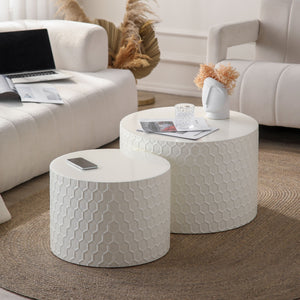 English Elm Stylish Honeycomb Nesting Coffee Tables Set — Modern Round Drum Design, Durable MDF, Space-Saving Pair Beige W757P206008