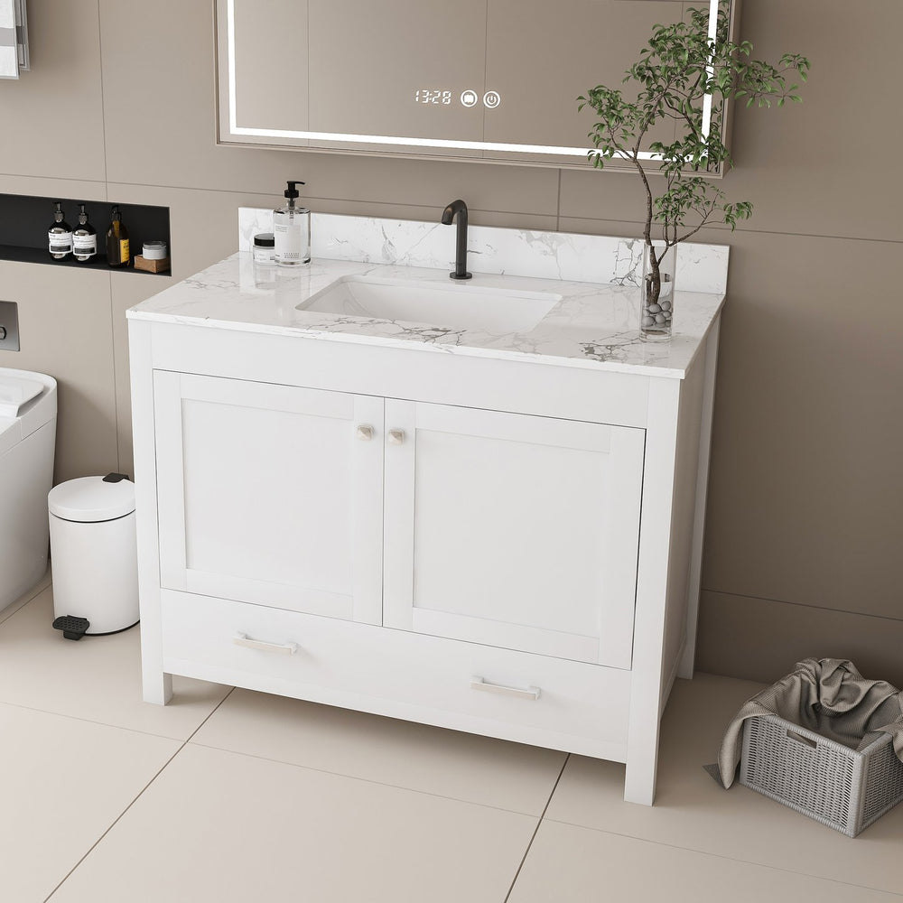 English Elm Modern 43" Bathroom Vanity With Carrara White Top - Stylish, Durable Storage & Soft-Close Features W509S00138