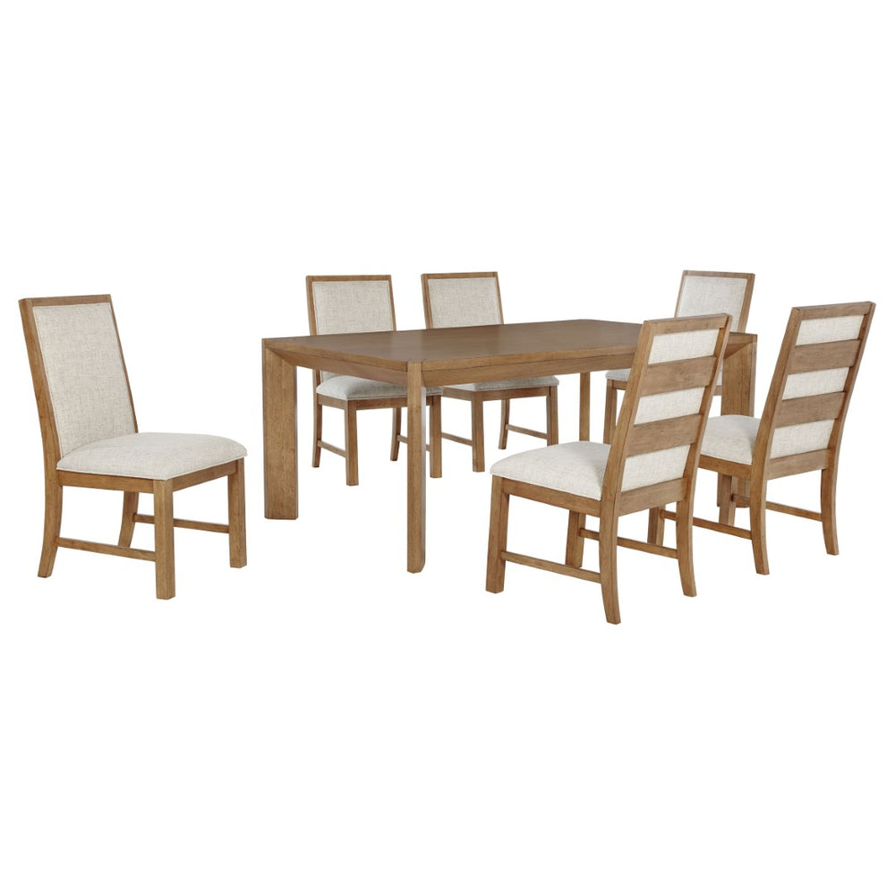 English Elm Natural Brown Ash Veneer Rectangular Dining Set with Six Ladder Back Upholstered Chairs B062S01820