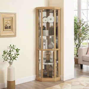 English Elm Corner Curio Cabinet with Built-in Lighting Mirrored Back and Adjustable Glass Shelves W2275P194427