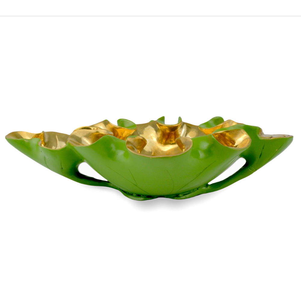 Wrapped Lotus Leaf Decorative Bowl - Exquisite Handcrafted Bronze Vessel, Elegant Green & Gold Design