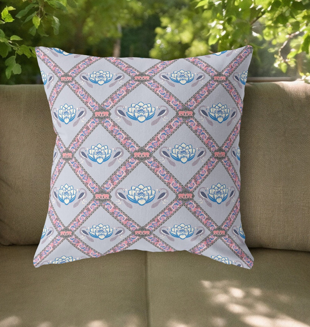 Homeroots 20"X20" Gray Blue Pink Zippered Suede Geometric Throw Pillow   417774