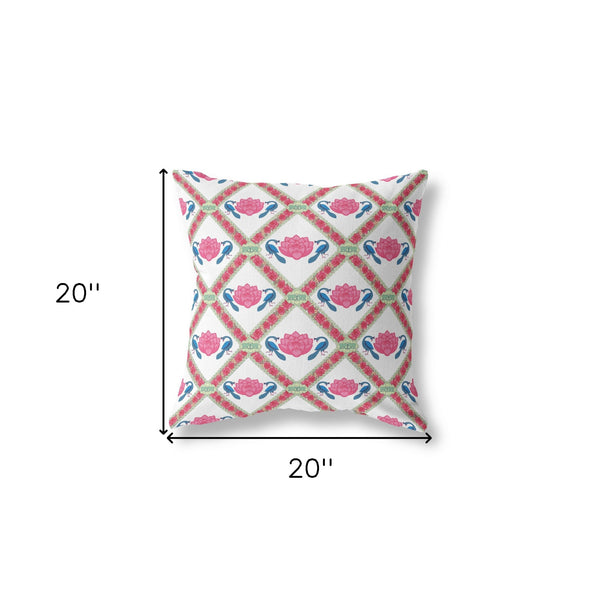 Homeroots 20"X20" Pink Blue White Zippered Suede Geometric Throw Pillow   417786