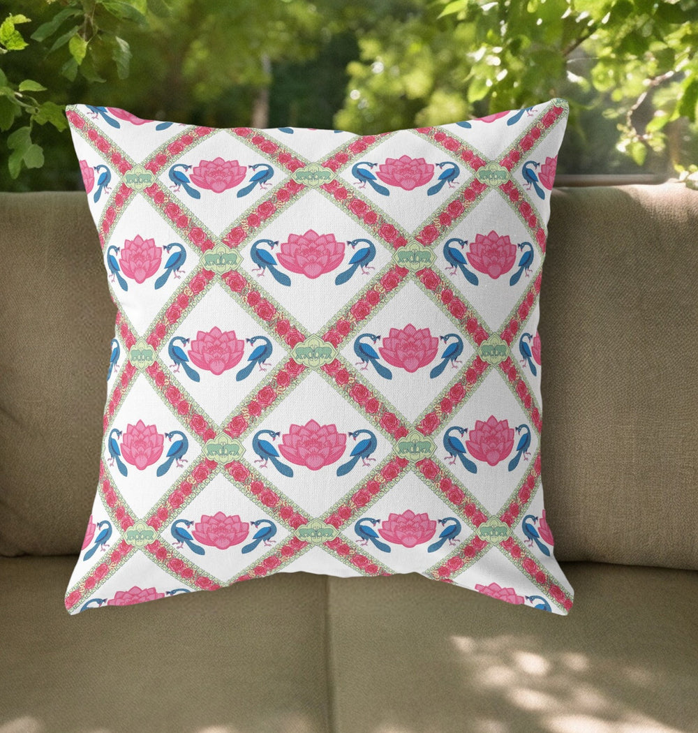 Homeroots 20"X20" Pink Blue White Zippered Suede Geometric Throw Pillow   417786