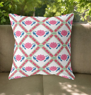 Homeroots 20"X20" Pink Blue White Zippered Suede Geometric Throw Pillow   417786