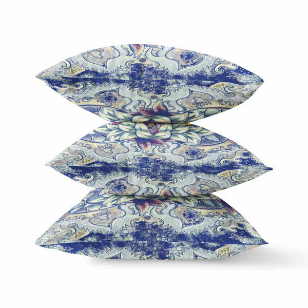 Homeroots 20"X20" Blue Gray Yellow Red Zippered Suede Geometric Throw Pillow   417798