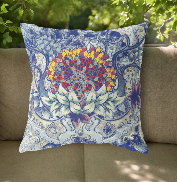 Homeroots 20"X20" Blue Gray Yellow Red Zippered Suede Geometric Throw Pillow   417798