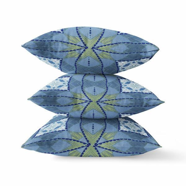 Homeroots 20"X20" Muted Blue Yellow Zippered Suede Geometric Throw Pillow   417837