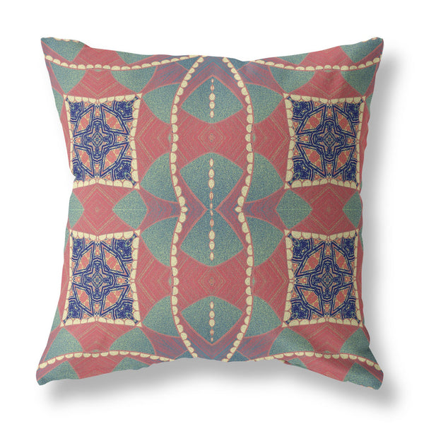 Homeroots 20"X20" Red Green Indigo Zippered Suede Geometric Throw Pillow   417846