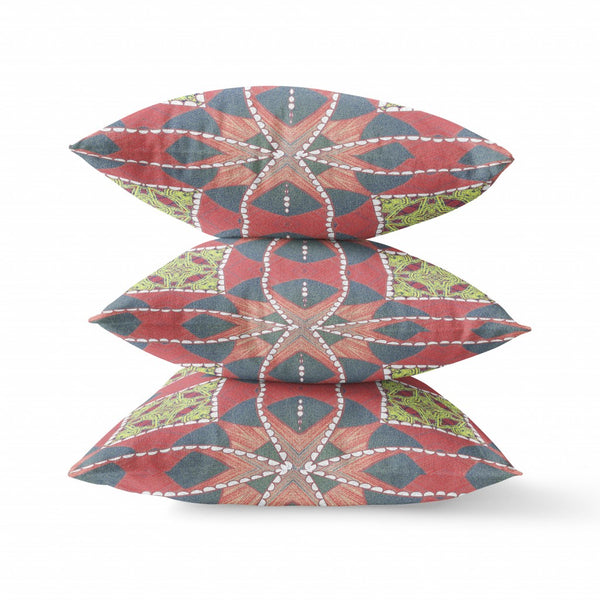 Homeroots 20"X20" Red Yellow Gray Zippered Suede Geometric Throw Pillow   417855