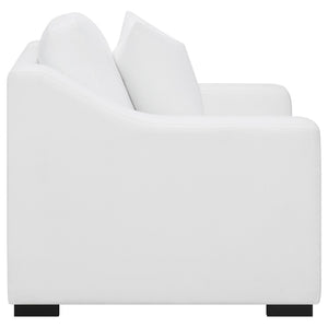 English Elm Chelan White Fabric Accent Chair with Sloped Arms Boxed Cushions and Cappuccino Wood Legs B062P440261