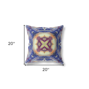 Homeroots 20"X20" Blue Muted Orange Cream Zippered Suede Geometric Throw Pillow   417861