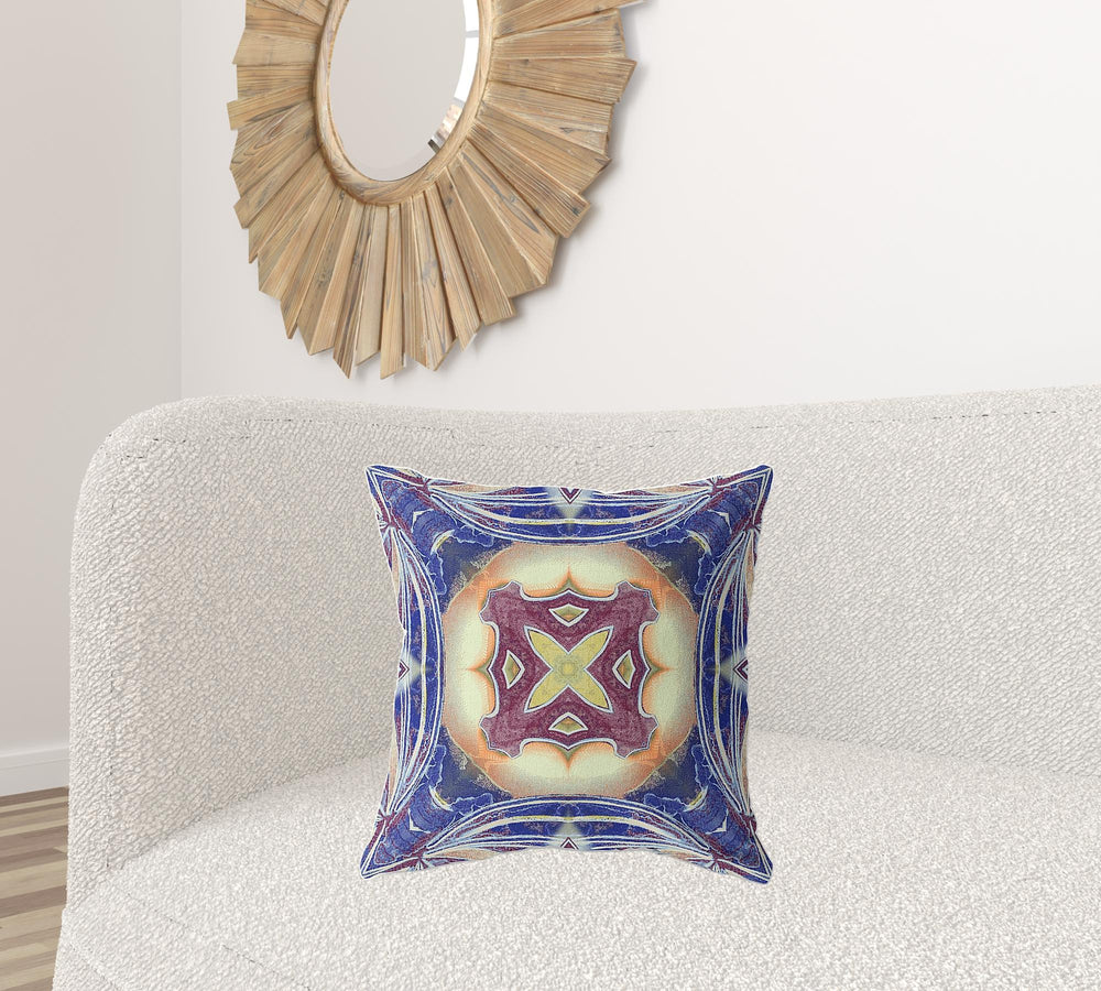 Homeroots 20"X20" Blue Muted Orange Cream Zippered Suede Geometric Throw Pillow   417861