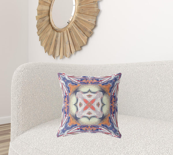 Homeroots 20"X20" Blue Orange Muted Yellow White Zippered Suede Geometric Throw Pillow   417864