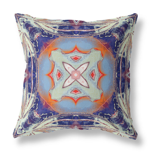 Homeroots 20"X20" Cream Grey Indigo Light Blue Orange Zippered Suede Geometric Throw Pillow   417867