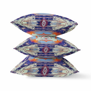 Homeroots 20"X20" Cream Grey Indigo Light Blue Orange Zippered Suede Geometric Throw Pillow   417867