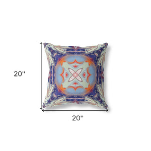 Homeroots 20"X20" Cream Grey Indigo Light Blue Orange Zippered Suede Geometric Throw Pillow   417867