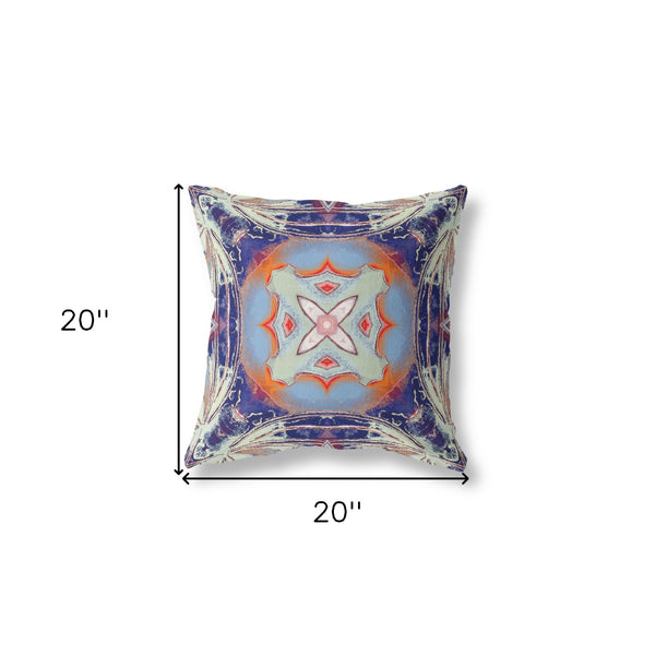 Homeroots 20"X20" Cream Grey Indigo Light Blue Orange Zippered Suede Geometric Throw Pillow   417867