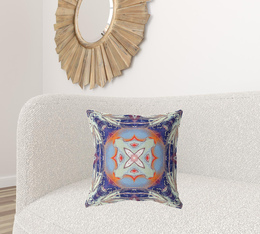 Homeroots 20"X20" Cream Grey Indigo Light Blue Orange Zippered Suede Geometric Throw Pillow   417867