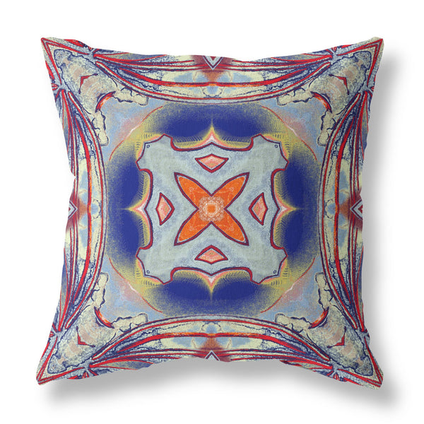 Homeroots 20"X20" Gray Red Orange Midnight Blue Zippered Suede Geometric Throw Pillow   417876
