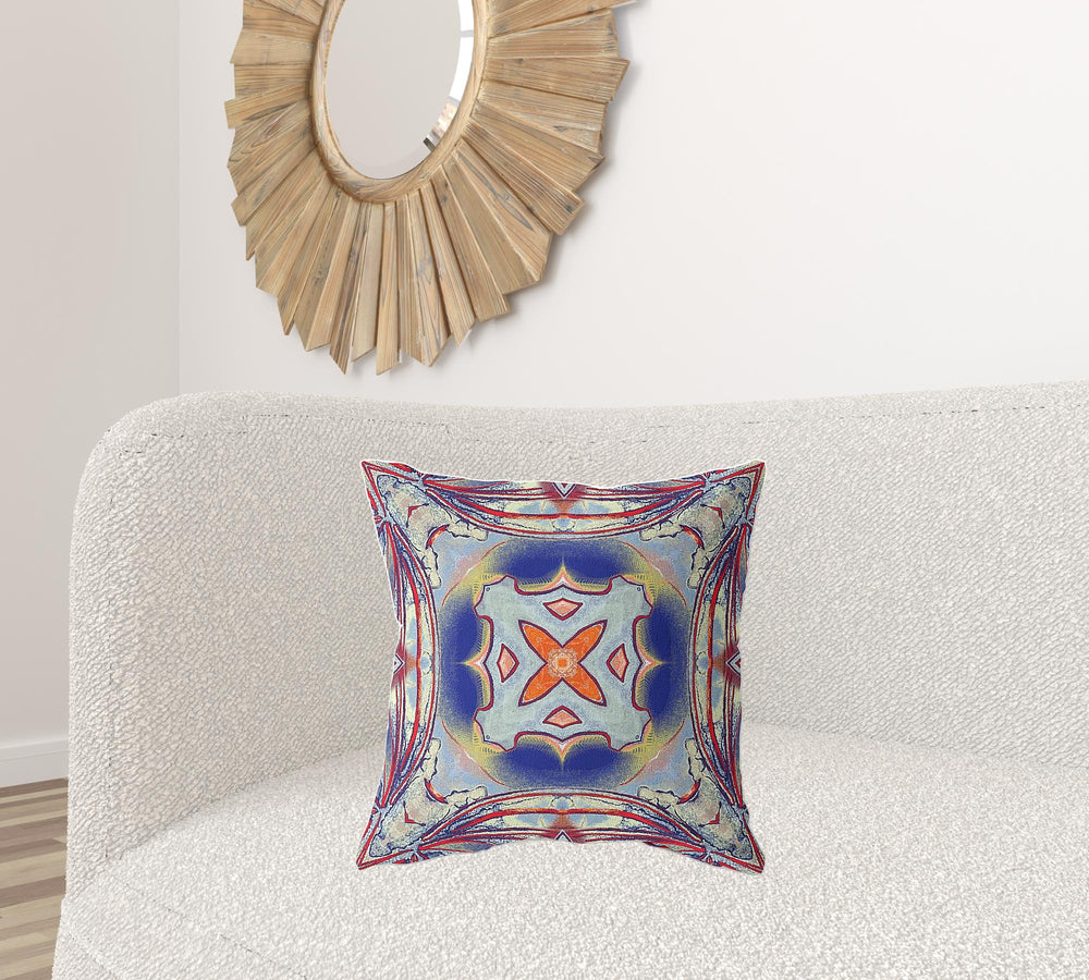 Homeroots 20"X20" Gray Red Orange Midnight Blue Zippered Suede Geometric Throw Pillow   417876