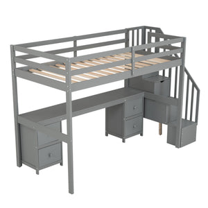 English Elm Twin Loft Bed with Built-In Desk and Double Storage Drawers, Pine & MDF Frame for Small Rooms Gray GX000382AAE