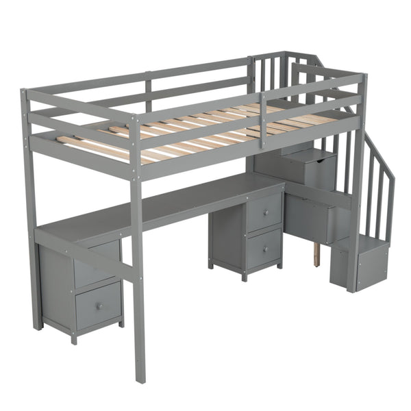 English Elm Twin Loft Bed with Built-In Desk and Double Storage Drawers, Pine & MDF Frame for Small Rooms Gray GX000382AAE
