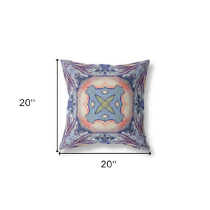 Homeroots 20" X 20" Sky Blue And Peach Geometric Suede Zippered Pillow   417939