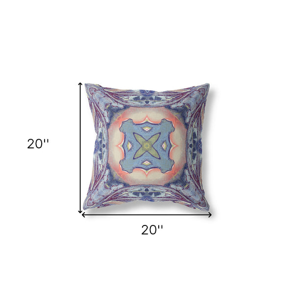 Homeroots 20" X 20" Sky Blue And Peach Geometric Suede Zippered Pillow   417939