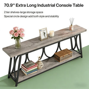 English Elm Hall Console Table Industrial Rustic Two Tier Wood Tone Metal Frame Entryway Sofa T3971P450421