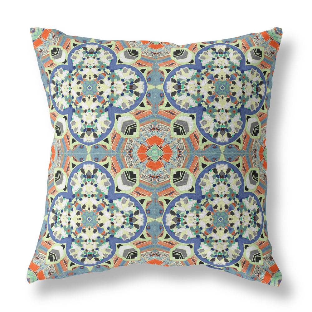 Homeroots 20"X20" Blue And Orange Microsuede Quatrefoil Zippered Pillow   417948