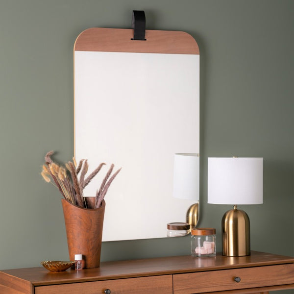 Cooper Classics Heppner Blonde Wood Frame Rectangle Mirror with Artisan Leather Strap for Entryways 41796